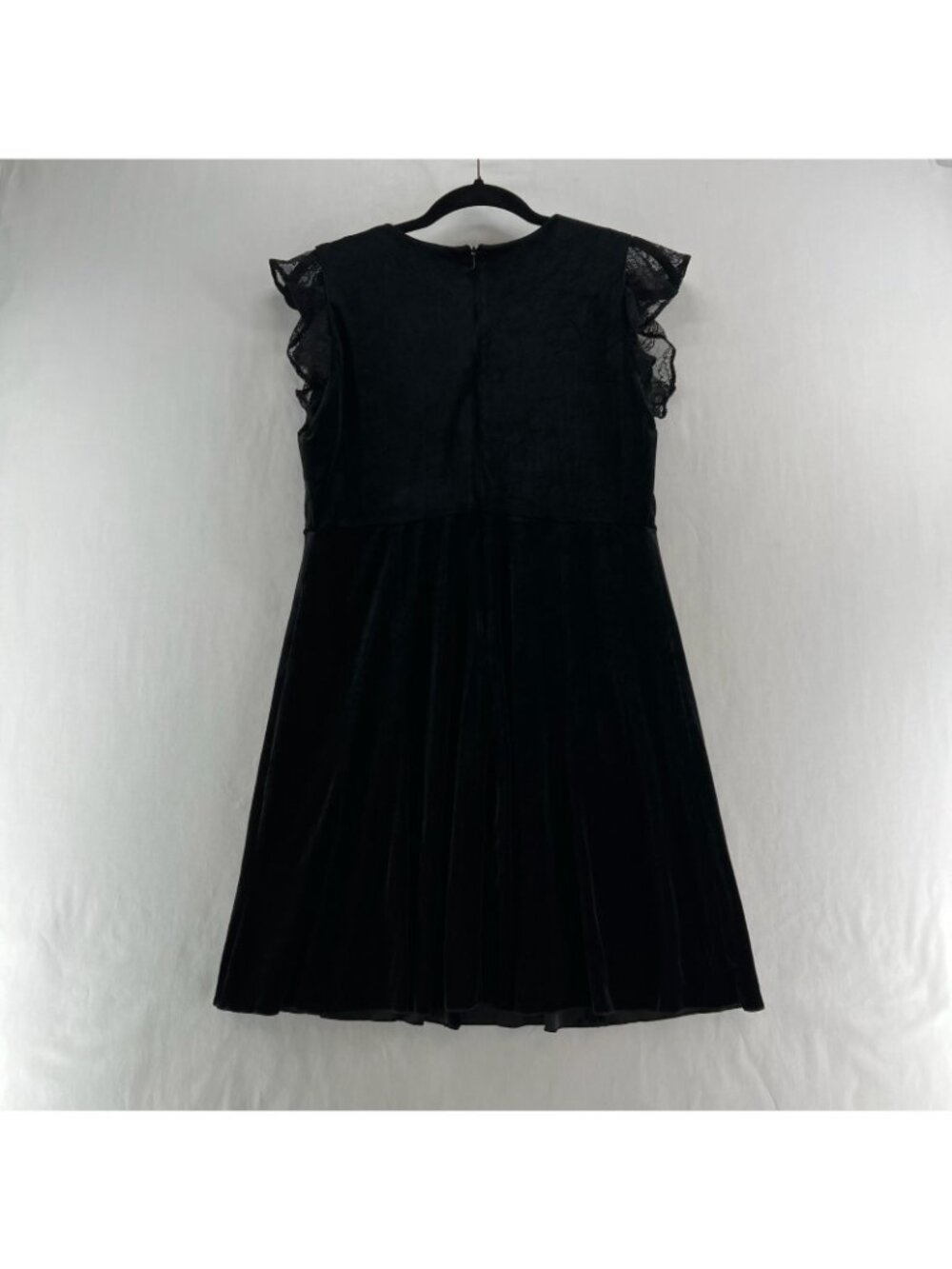 Zara Basic Velvet Lace Mini Dress Womens M Skater Fit Flare Flutter Sleeve Black - Picture 3 of 15